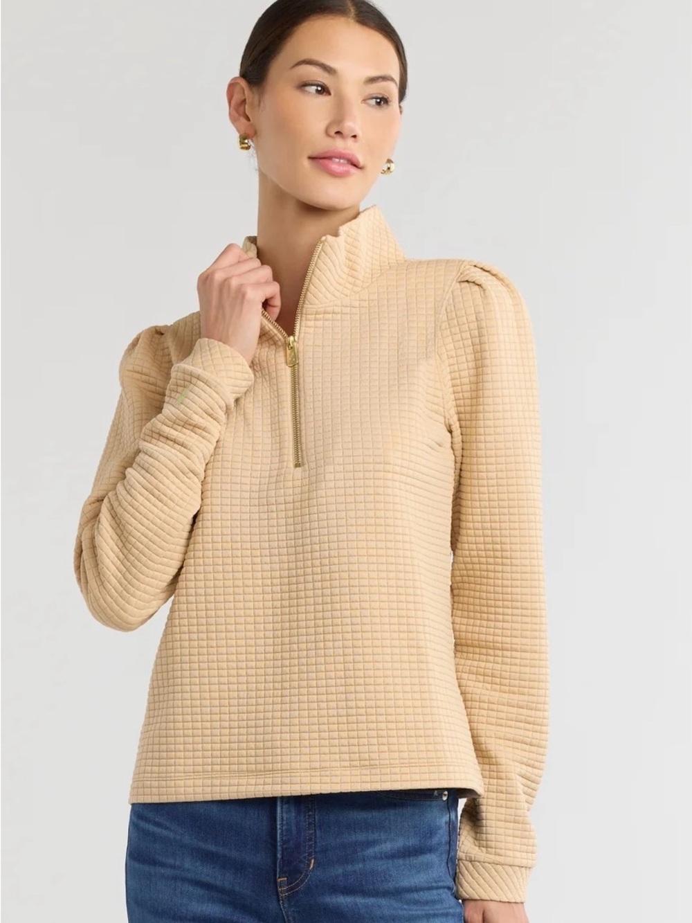 Dudley Stephens Sabrina Puff Sleeve Waffle Half Zip Pullover Hazelnut S